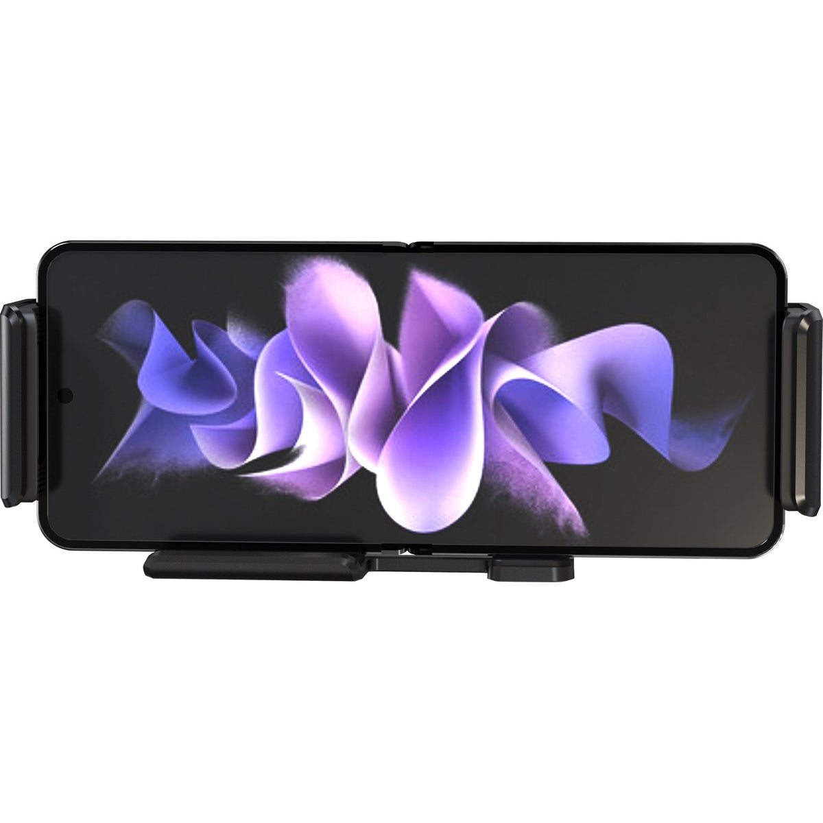 Een zwarte smartphone, met een paars bloemmotief op het scherm, wordt vastgehouden in een zwarte telefoonhouder.