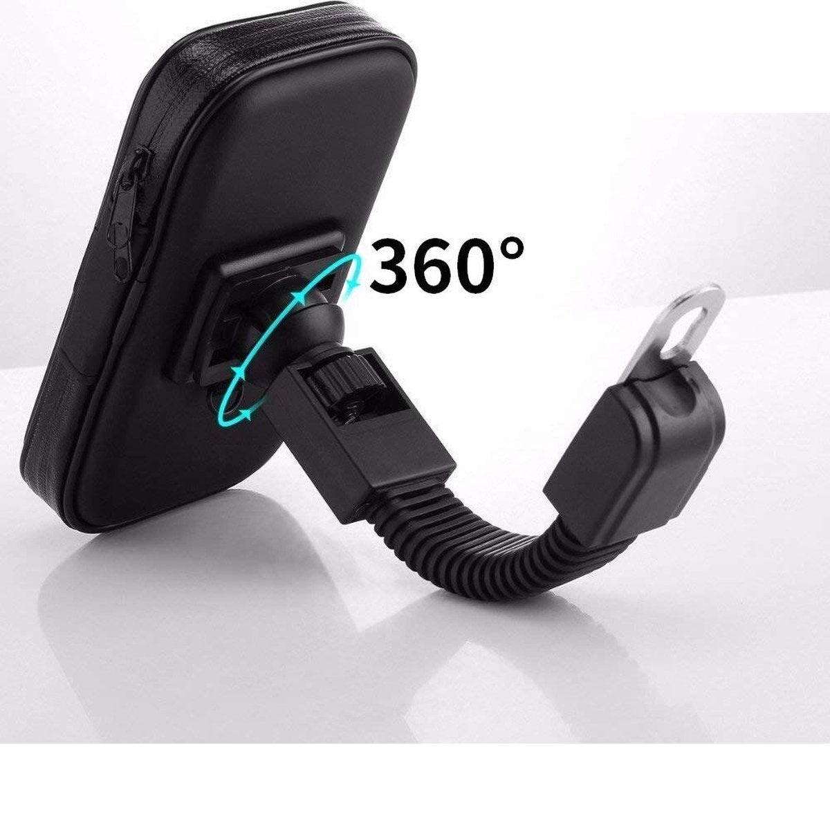 Zwarte telefoonhouder met 360° rotatiefunctie. Het heeft een flexibele nek en een zilveren metalen clip, tegen een witte achtergrond.