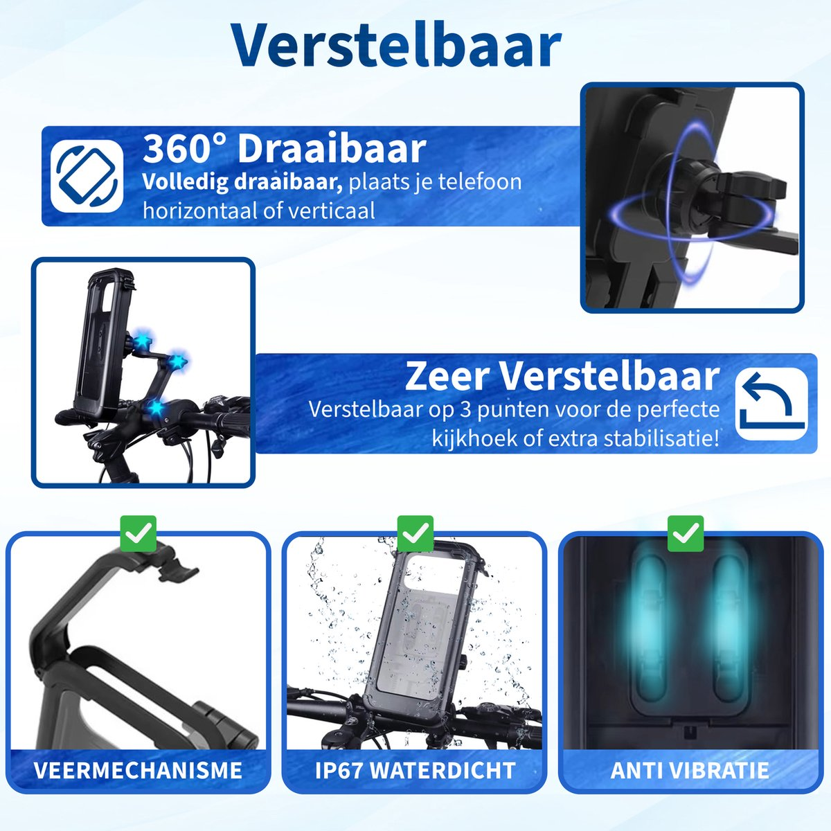 Een advertentie voor een telefoonhouder. Het toont verschillende functies zoals 360° rotatie, IP67 waterdicht en anti-vibratie.
