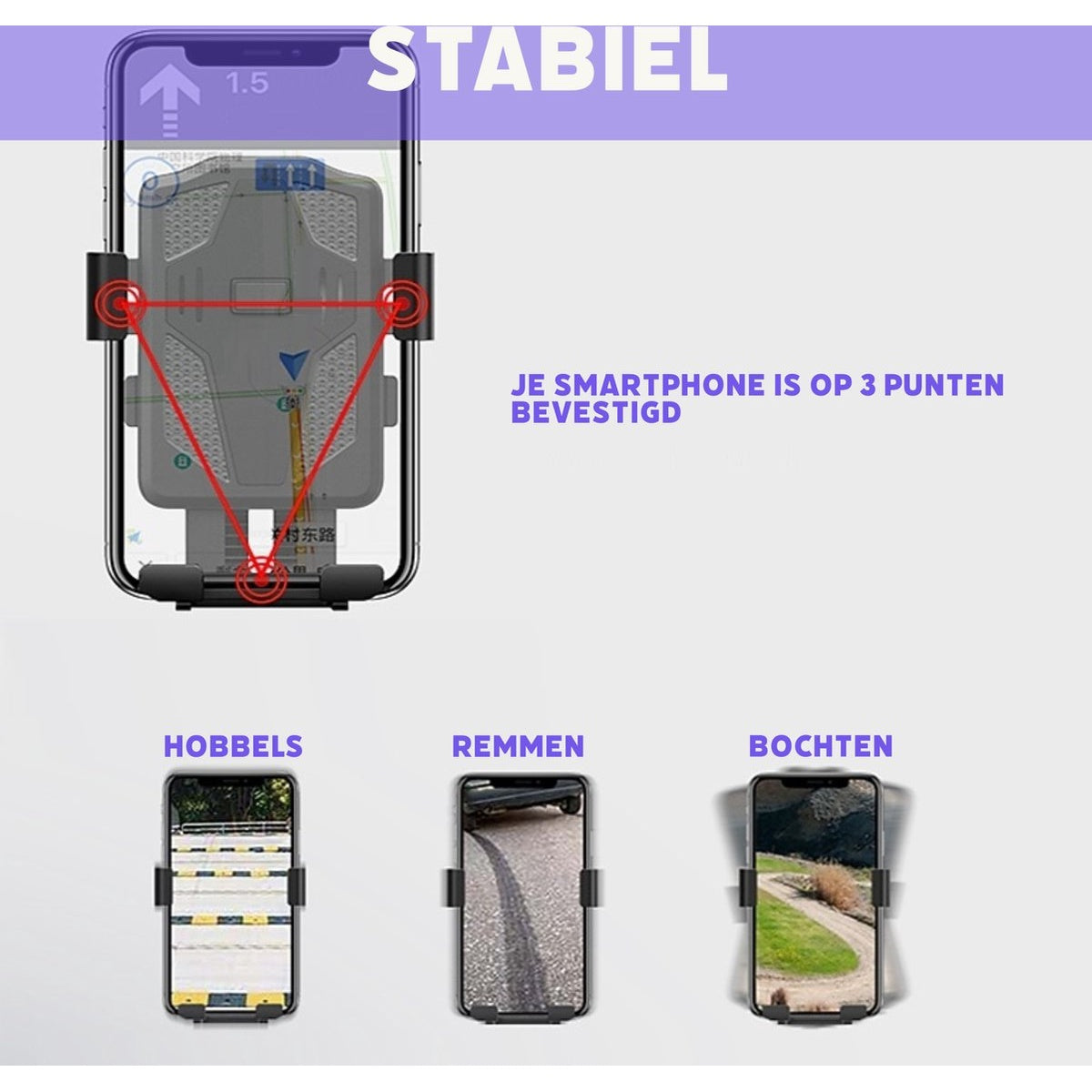Afbeelding toont een telefoonhouder met drie telefoons die verschillende scenario's weergeven: hobbelige wegen, remmen en bochten, met tekst 'STABIEL'.