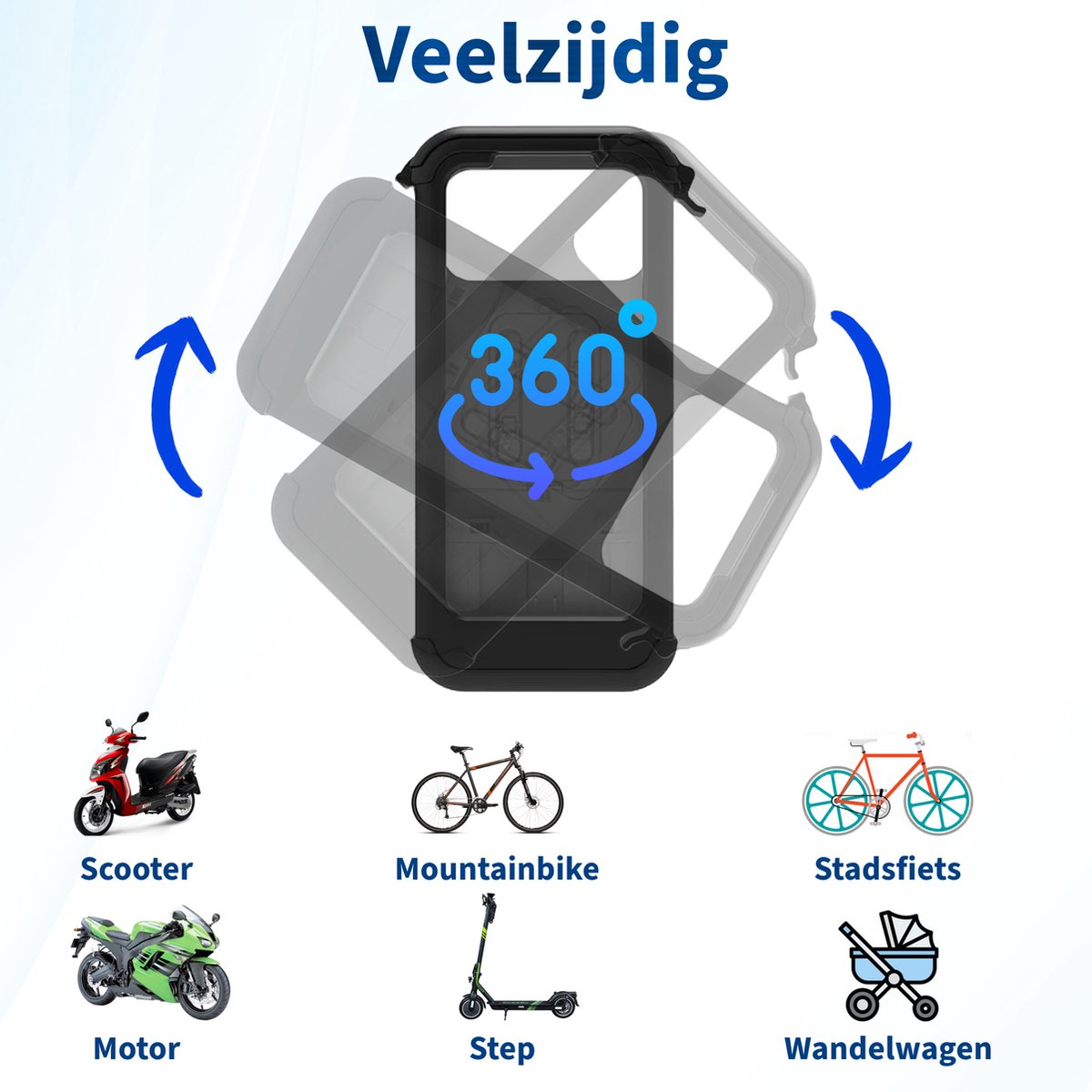 Zwarte telefoonhoes met 360 rotatiesymbool, omringd door afbeeldingen van vervoer: scooter, mountainbike, motor, step, kinderwagen en stadsfiets.