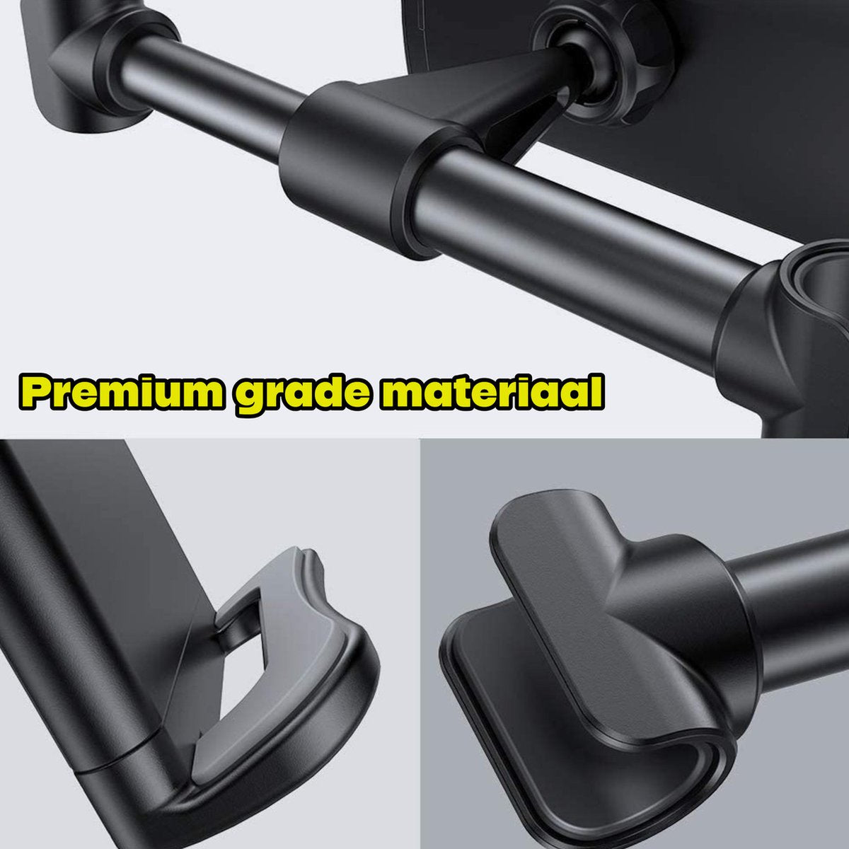 Close-up van een zwarte autotelefoonhouder, met verbindingen en clips. De woorden 'Premium grade materiaal' zijn geel.