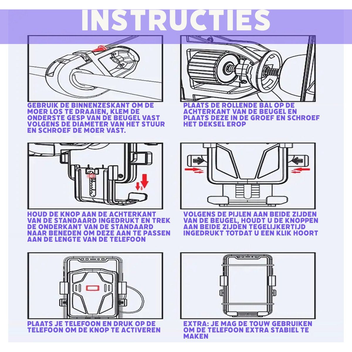 Instructies met zes diagrammen. Stappen voor een telefoonhouder, inclusief het losdraaien van een moer, het plaatsen van een bal.