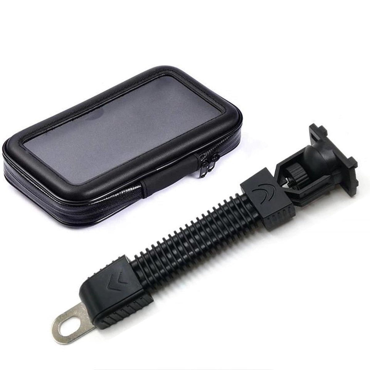 Zwarte telefoonhoes met rits en een flexibele zwarte houder voor een motor. Witte achtergrond.