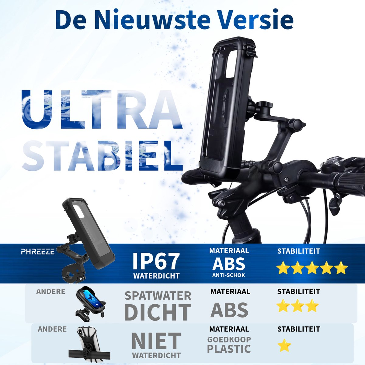 Zwarte telefoonhouder gemonteerd op fietsstuur. Tekst omvat 'ULTRA STABIEL', 'IP67 WATERDICHT' en productdetails.