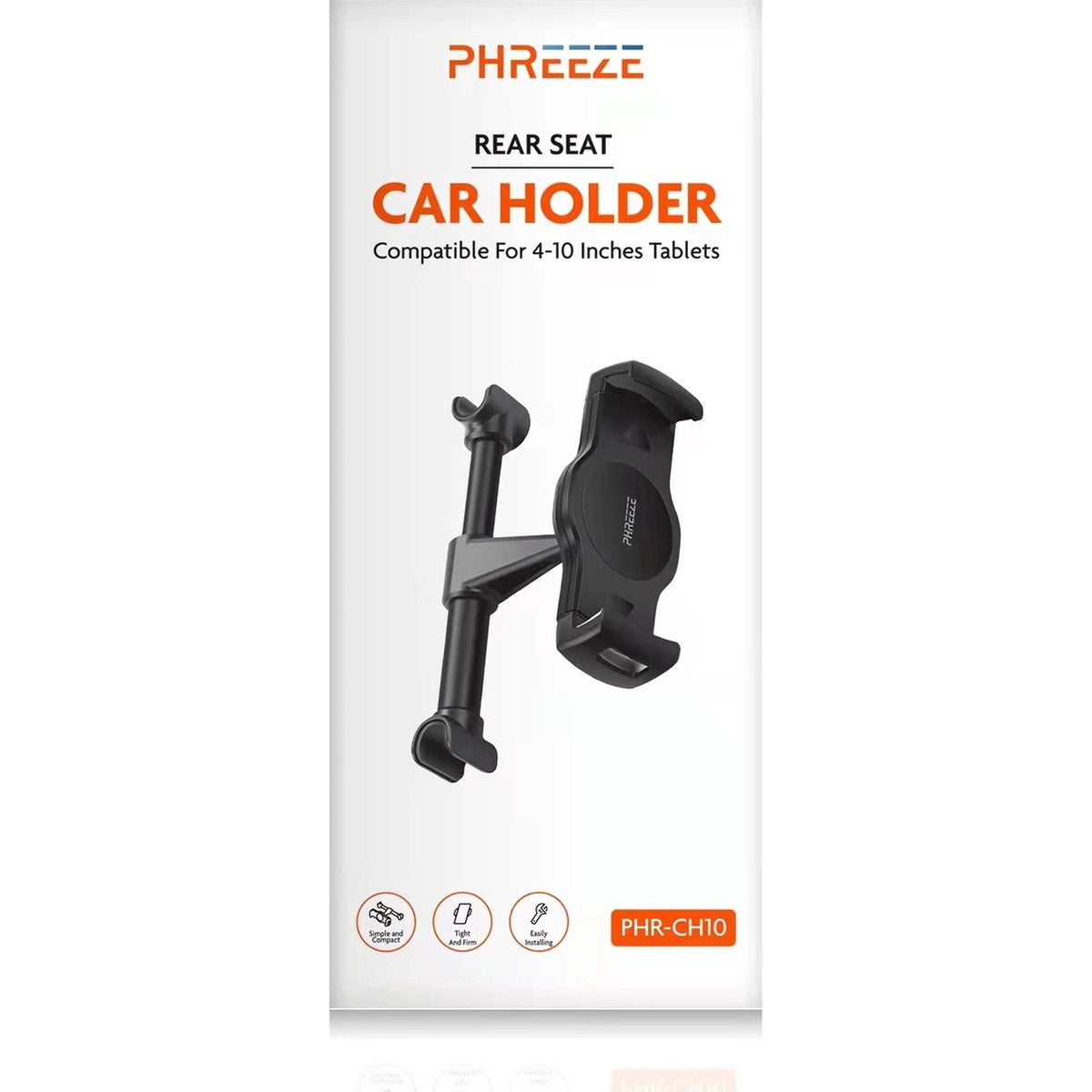 Een tablethouder voor in de auto op een witte achtergrond. Het is zwart met de merknaam PHREEZE. De tekst 'Rear Seat Car Holder' is zichtbaar.