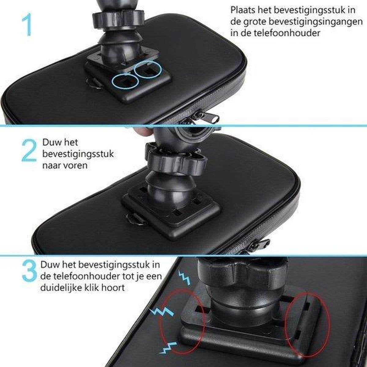 Instructies voor het monteren van een telefoonhouder. Toont de stappen om het montageonderdeel aan de houder te bevestigen.