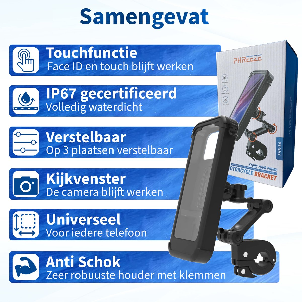 Zwarte telefoonhouder met doos rechts, functies: touch, waterdicht, verstelbaar, cameravenster, universeel en anti-schok.