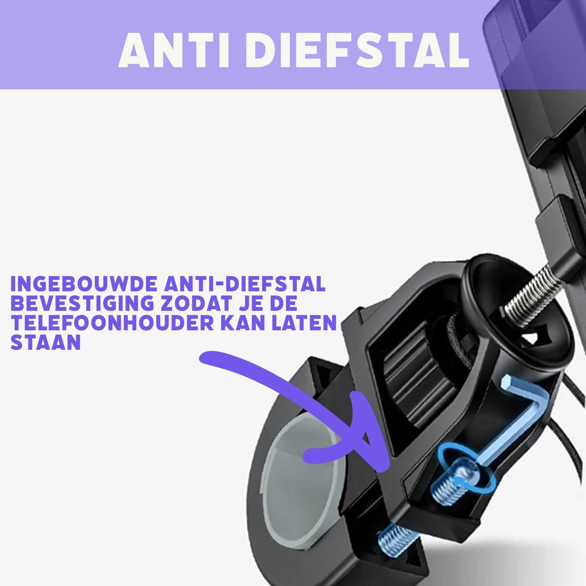 Een zwarte telefoonhouder met antidiefstalmechanisme. Het heeft een zilveren schroef en een blauwe inbussleutel. Nederlandse tekst: 'anti-diefstal'.