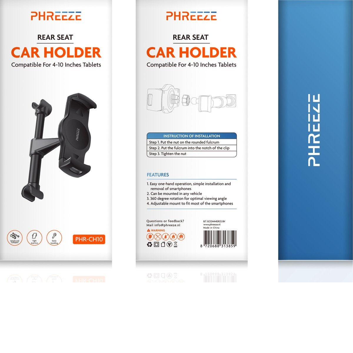 Autohouder voor tablets, zwart, met functies en installatie-instructies. PHREEZE-logo en productdetails zijn zichtbaar.