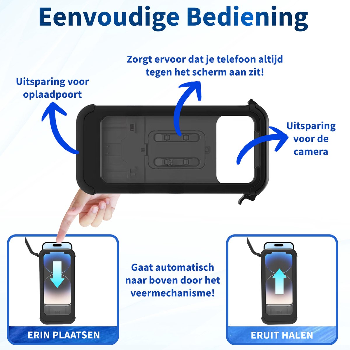 Afbeelding toont kenmerken van telefoonhoesje: uitsparingen voor oplaadpoort en camera. Invoeg- en verwijderinstructies met pijlen.