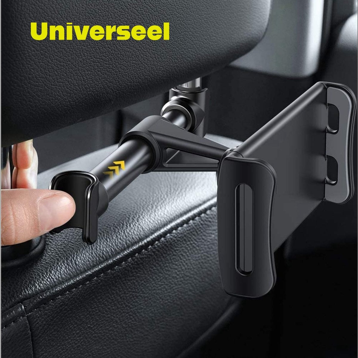 Een zwarte telefoonhouder voor de hoofdsteun van de auto wordt getoond. Een hand verstelt de houder. De tekst "Universell" staat linksboven.