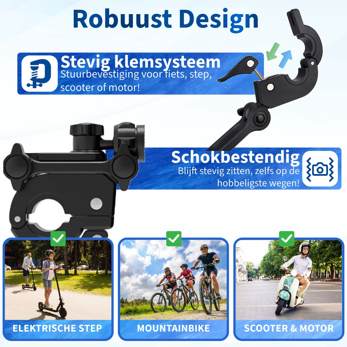 Afbeelding toont een zwart klem systeem voor fietsen, scooters en motoren. Het heeft tekst in het Nederlands die de functies beschrijft.