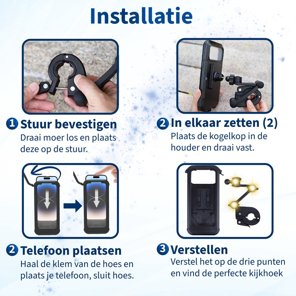 Instructies voor het installeren van een telefoonhouder op een fiets. Toont stappen met afbeeldingen en tekst in het Nederlands. Inclusief telefoonhoes en houderonderdelen.