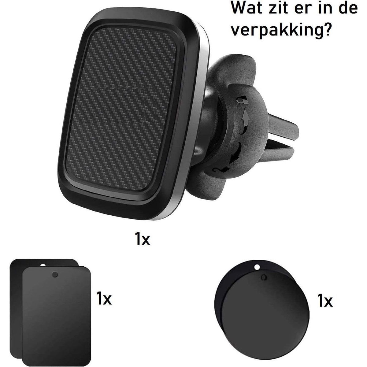 Afbeelding toont een telefoonhouder voor in de auto en accessoires. Inclusief een houder, een ventilatieclip en twee zelfklevende metalen platen.