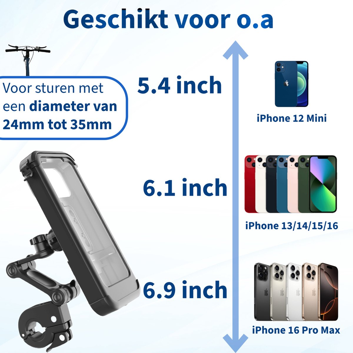 Afbeelding toont een telefoonhouder met ondersteunde iPhone-maten. Verschillende iPhone-modellen worden weergegeven, samen met tekst in het Nederlands.