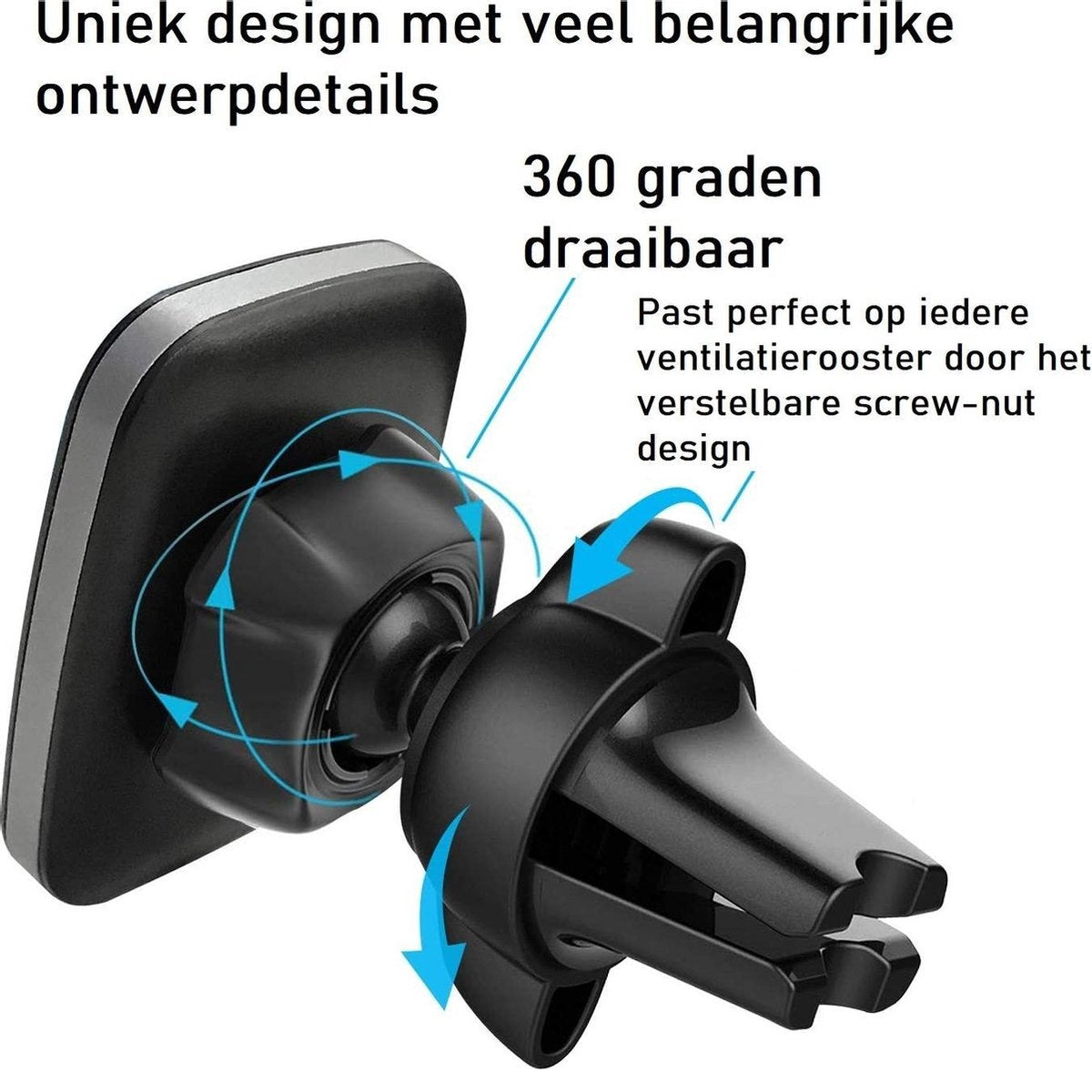 Zwarte telefoonhouder voor ventilatie in de auto. Heeft een 360 graden draaibaar ontwerp en schroef-moer ontwerp.