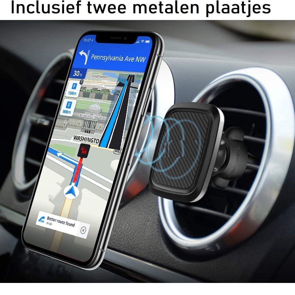 Een telefoon met navigatie-app is bevestigd aan een ventilatiehouder van een auto. De telefoon toont een kaart met een route. De houder heeft een carbonvezel design.