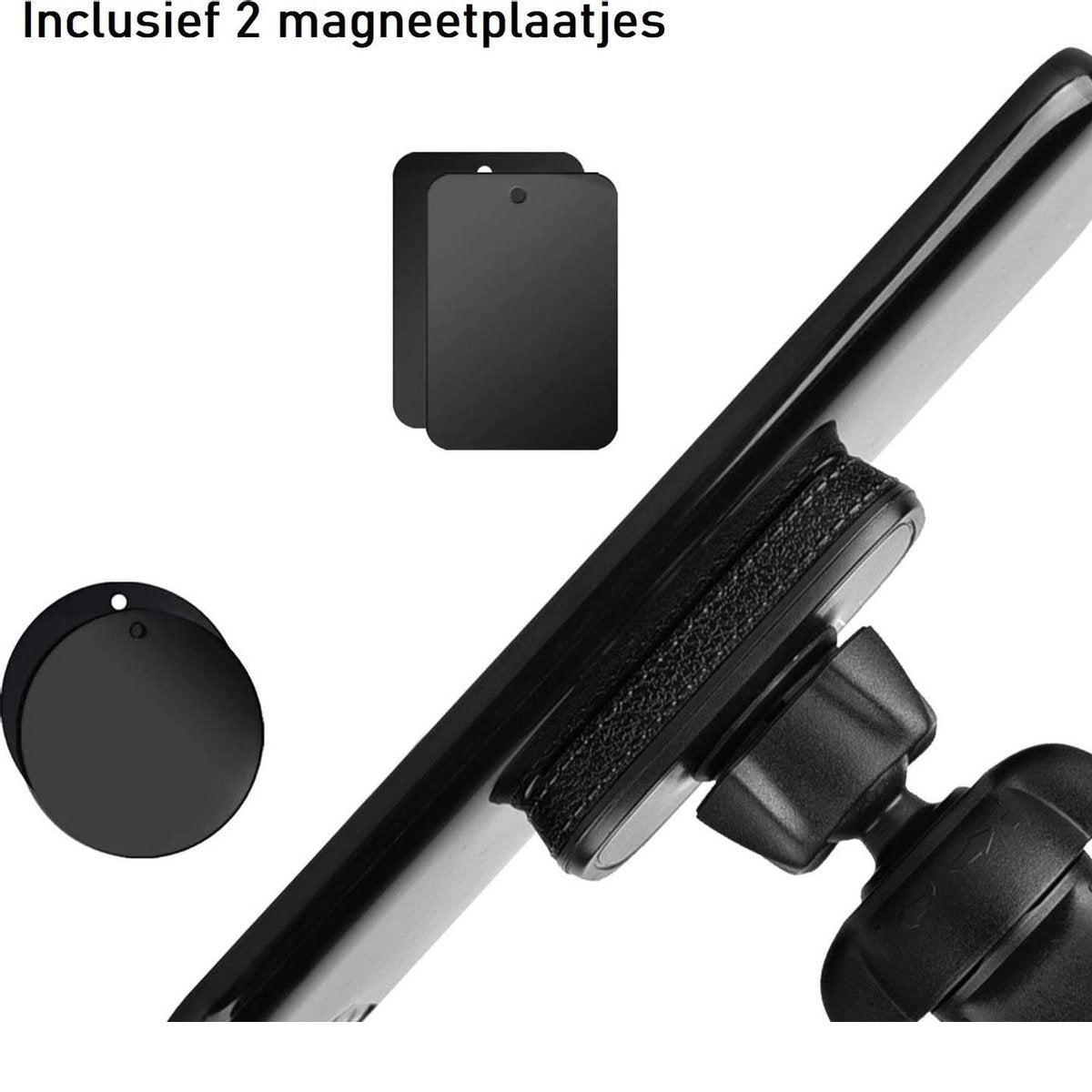 Een zwarte telefoonhouder met twee zwarte magneetplaten en een ronde zwarte magneetplaat. De houder is bevestigd op een zwart oppervlak.