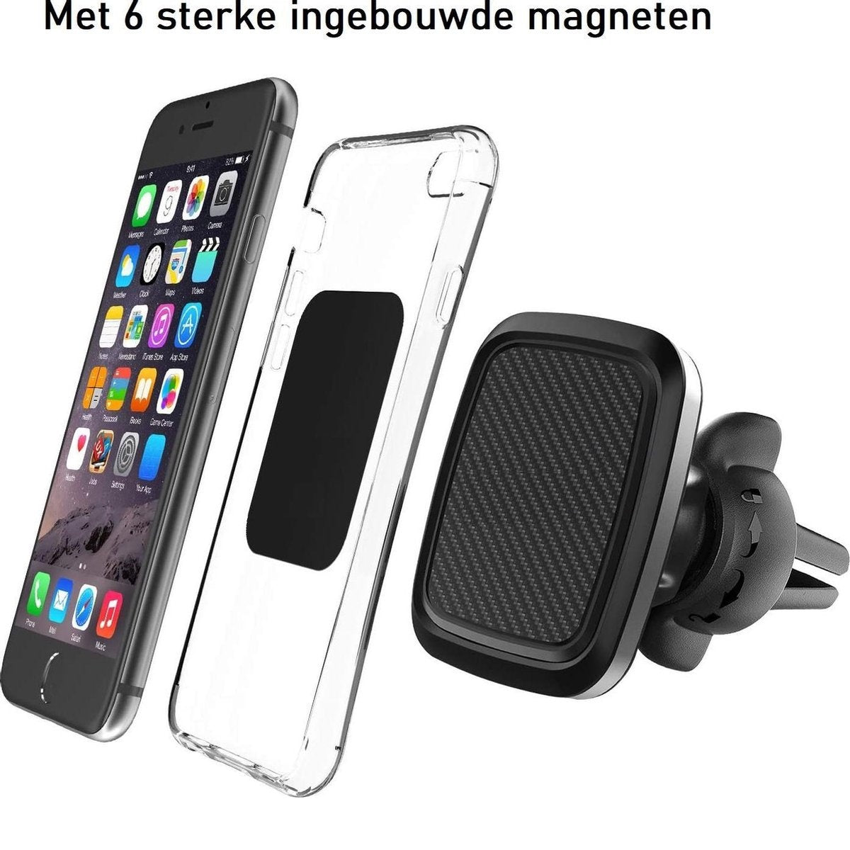 Een iPhone, een doorzichtige telefoonhoes en een telefoonhouder voor ventilatieroosters met carbonvezeltextuur worden getoond tegen een witte achtergrond.