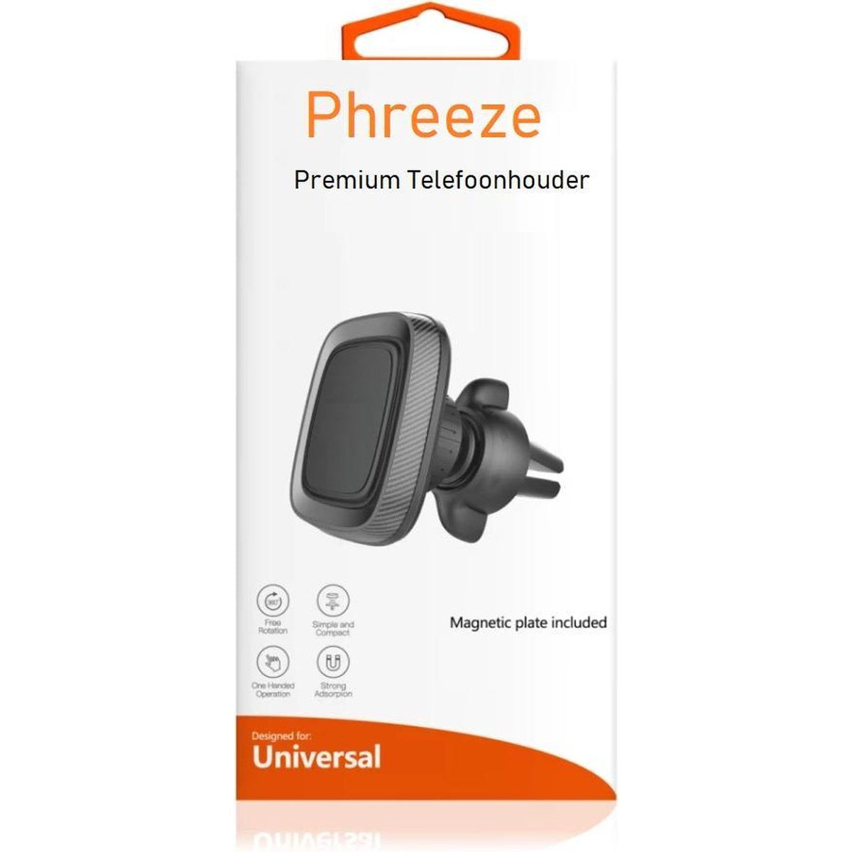 Een telefoonhouder in een witte doos. De telefoonhouder is zwart en de doos heeft oranje en zwarte tekst. Het merk is Phreeze.