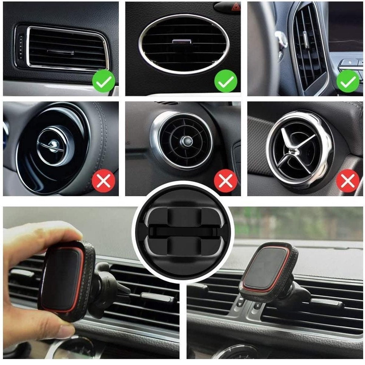Afbeelding toont ventilatieopeningen van auto's, sommige met groene vinkjes en andere met rode X-tekens, en een telefoonhouder voor in de auto.