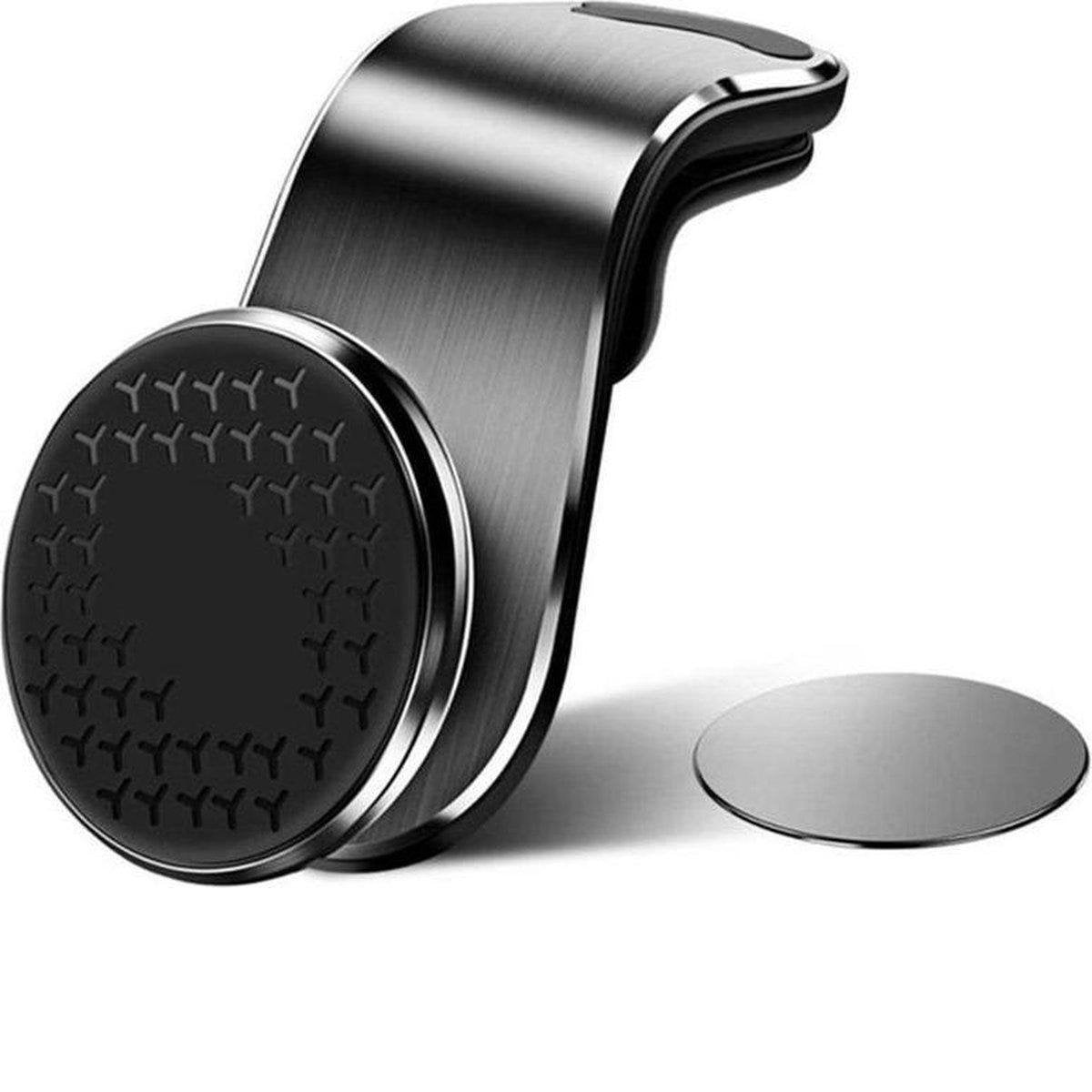 Een zwart-zilveren autotelefoonhouder. Het heeft een ronde basis met een patroon, een gebogen arm en een aparte zilveren schijf.