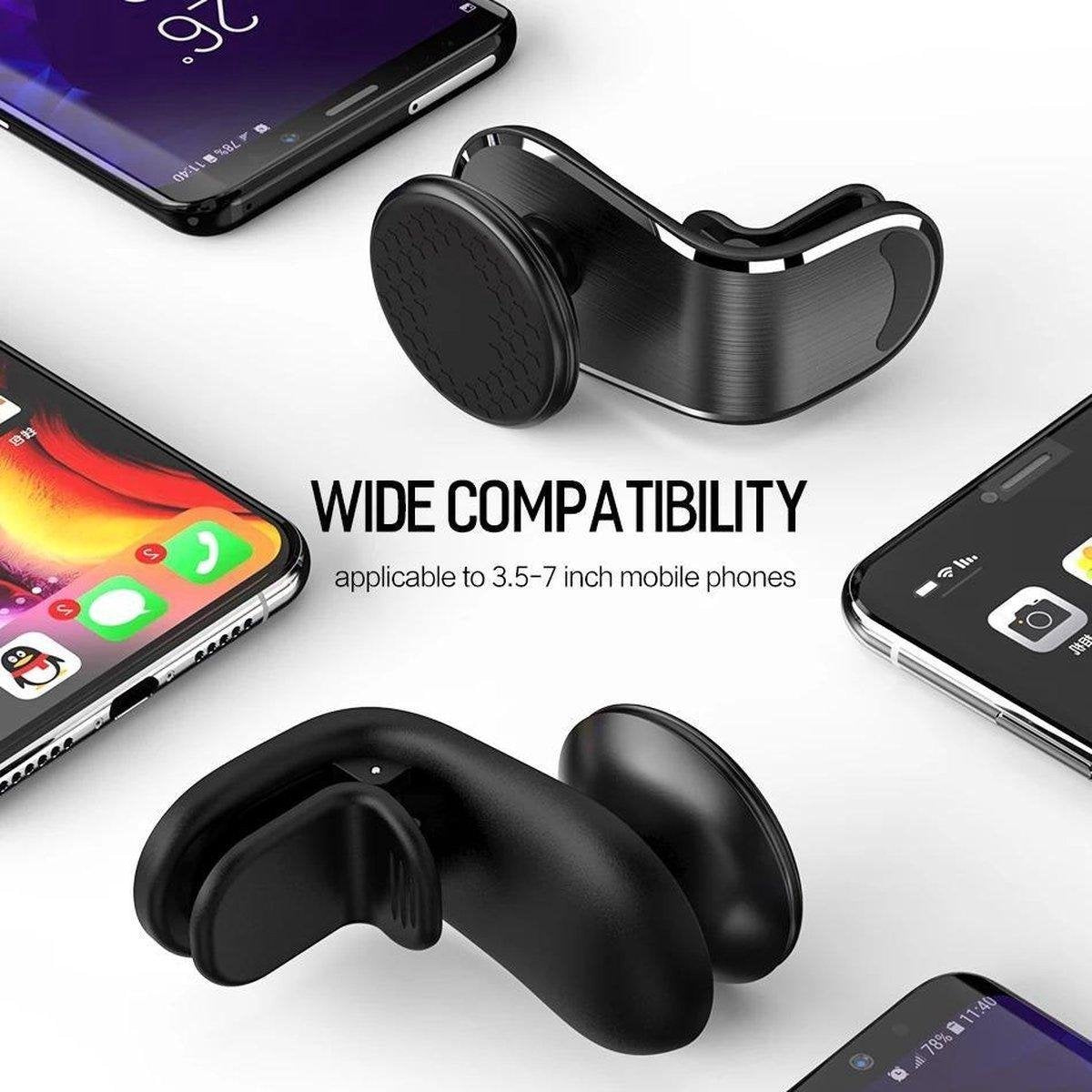 Een zwarte telefoonhouder met een telefoon in elke hoek van de afbeelding. De tekst 'WIDE COMPATIBILITY' staat in het midden.