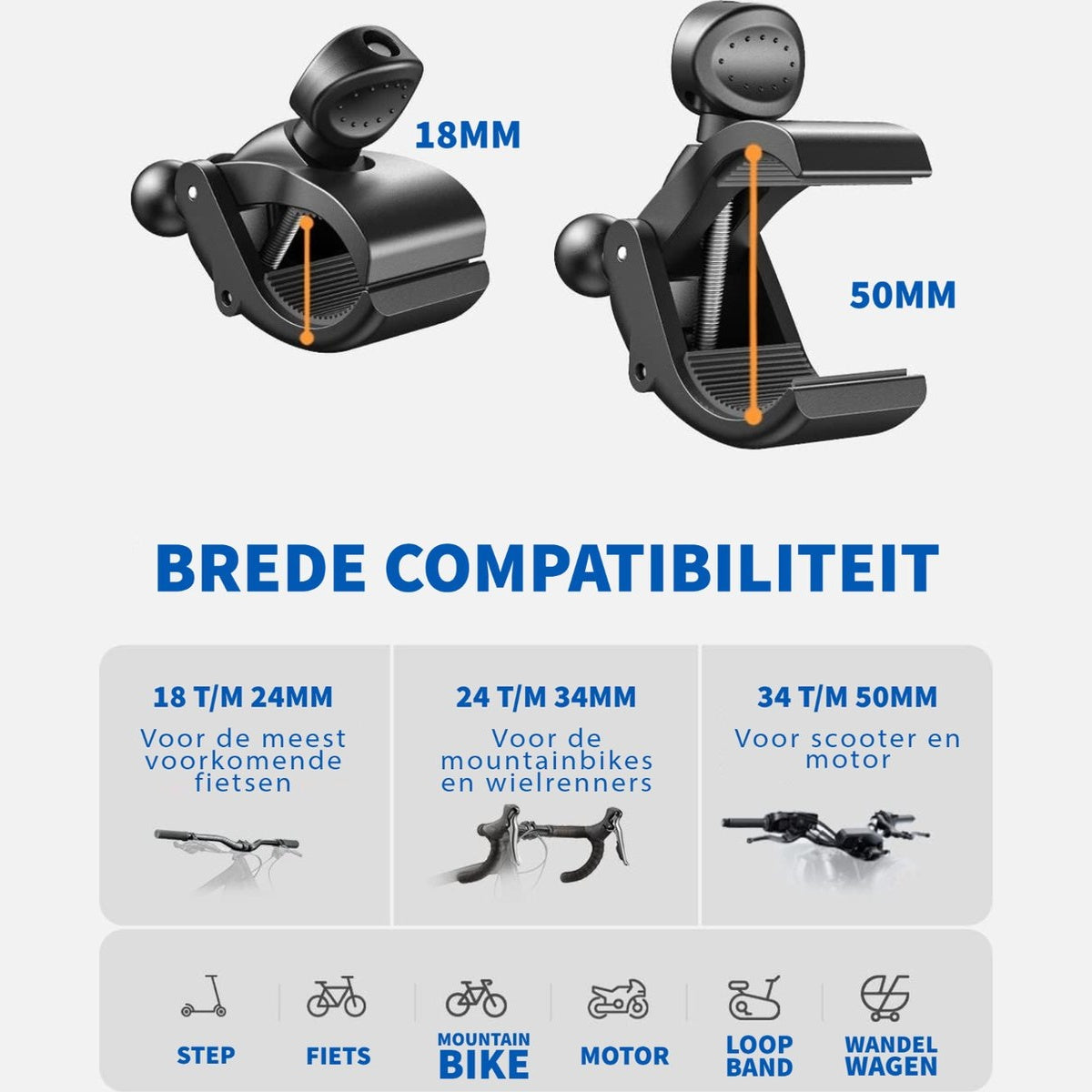 Image shows two black clamps with size indications and compatibility information for bikes, scooters, and other vehicles.