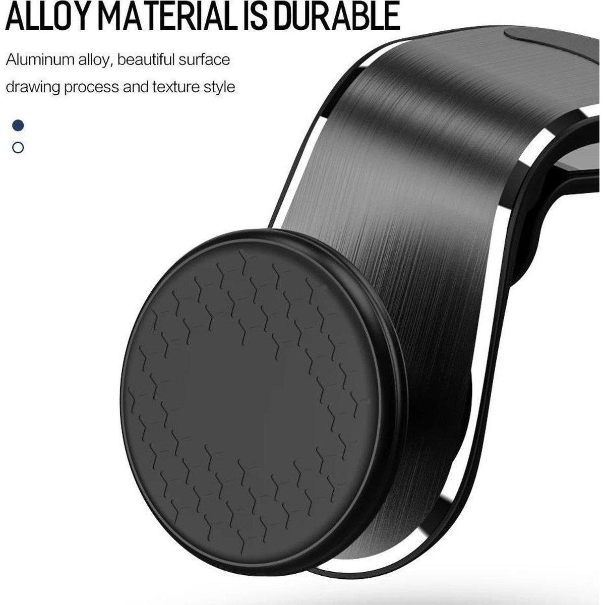 Zwarte autotelefoonhouder. De houder is van metaal en heeft een gestructureerd oppervlak, met de tekst 'ALLOY MATERIAL IS DURABLE'.