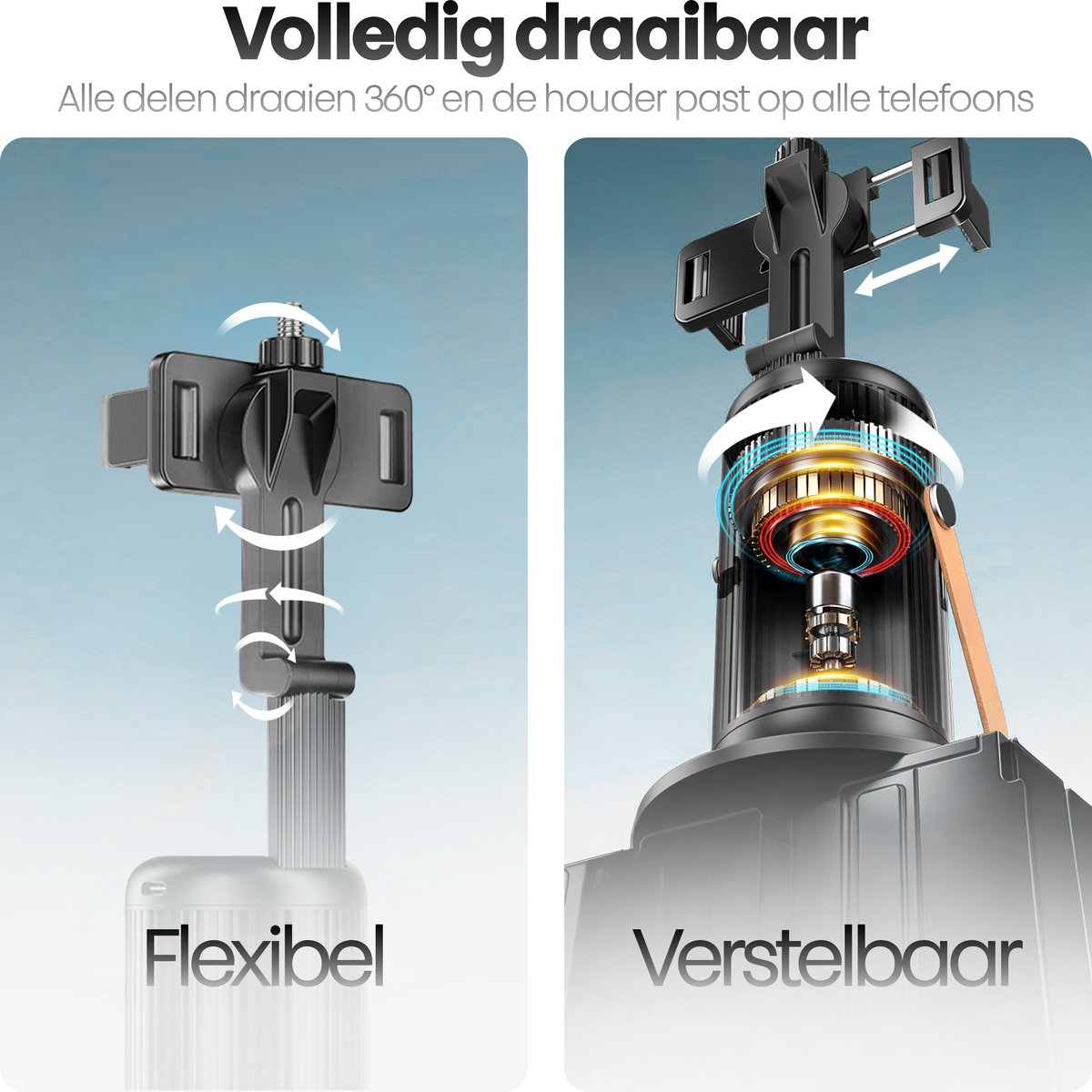 Afbeelding toont een telefoonhouder met flexibele en verstelbare onderdelen. Benadrukt 360° rotatie en universele telefooncompatibiliteit.