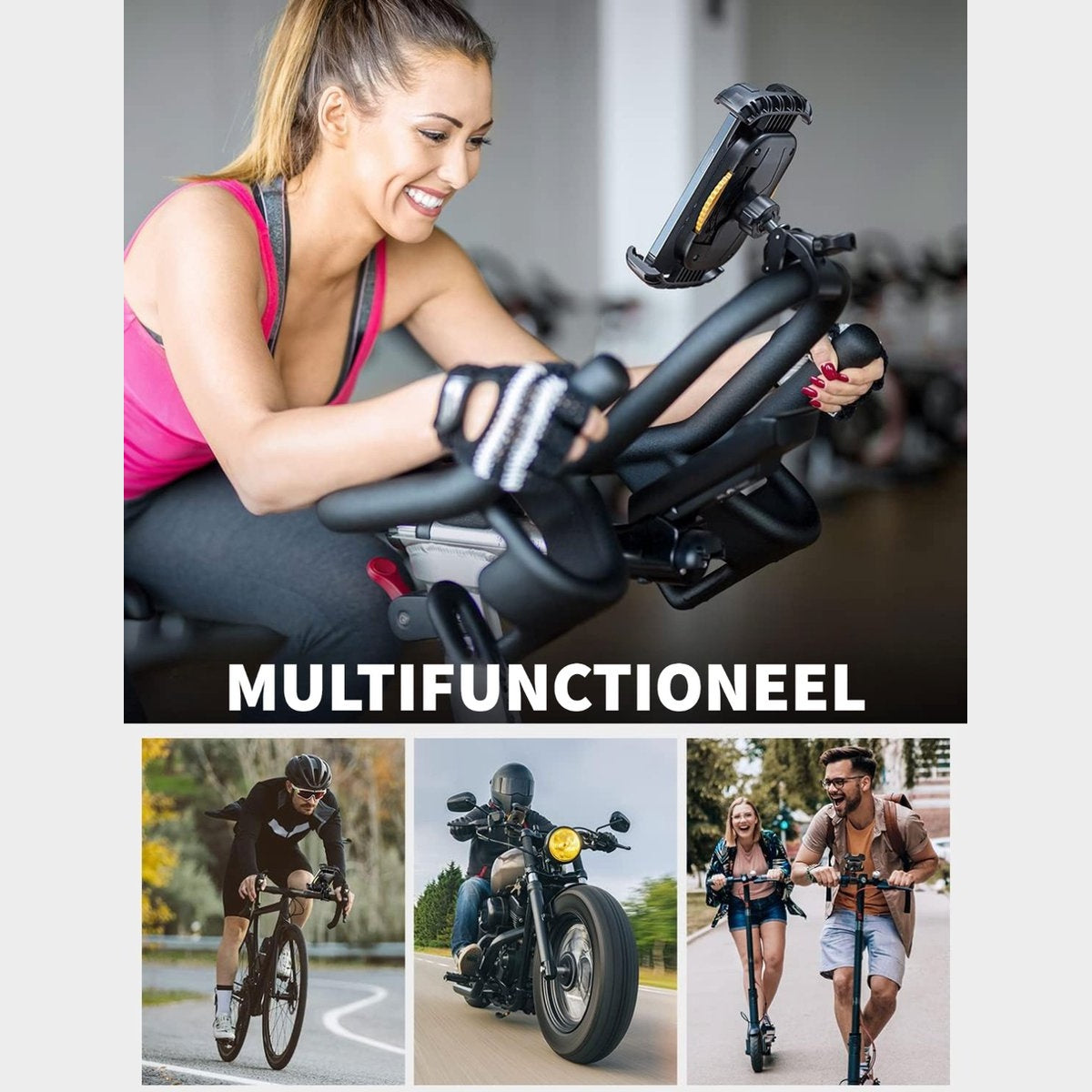 Woman on exercise bike with phone holder. Below, cyclist, motorcyclist, and people on scooters are shown.