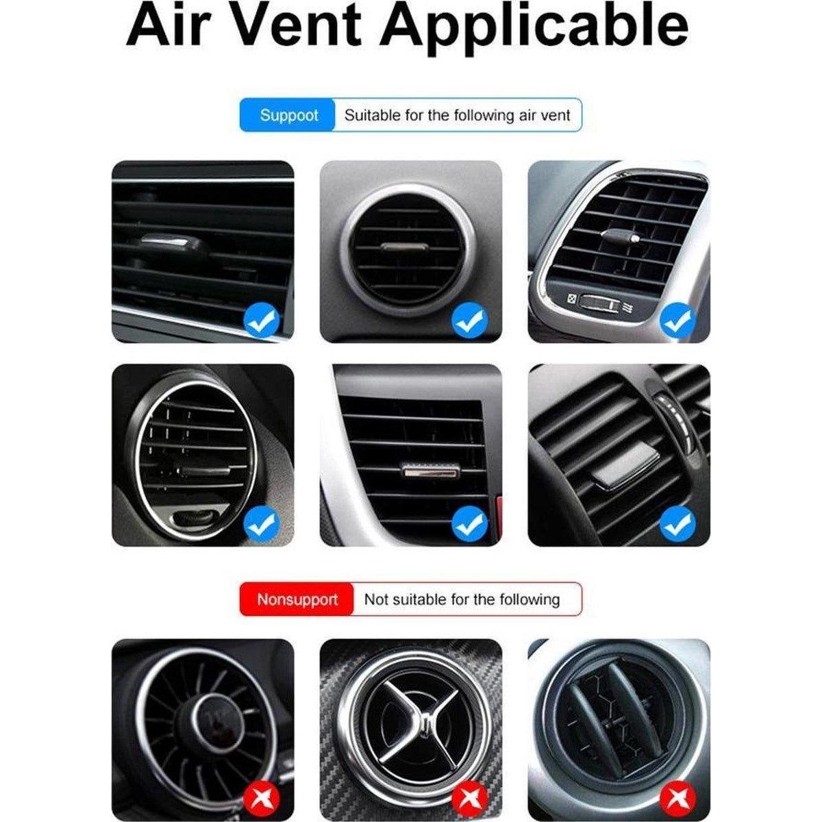 Afbeelding toont auto-luchtroosters. Sommige zijn gemarkeerd als compatibel met een product, andere niet. Tekst benadrukt 'Air Vent Applicable'.
