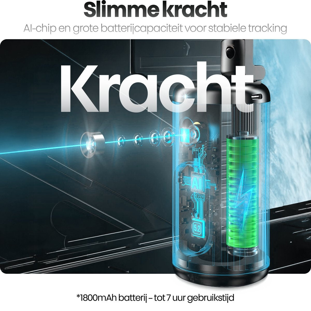 Afbeelding toont een apparaat met een groene batterij aan de binnenkant, met tekst 'Kracht'. Het heeft ook een 'AI'-logo en informatie over de batterij.