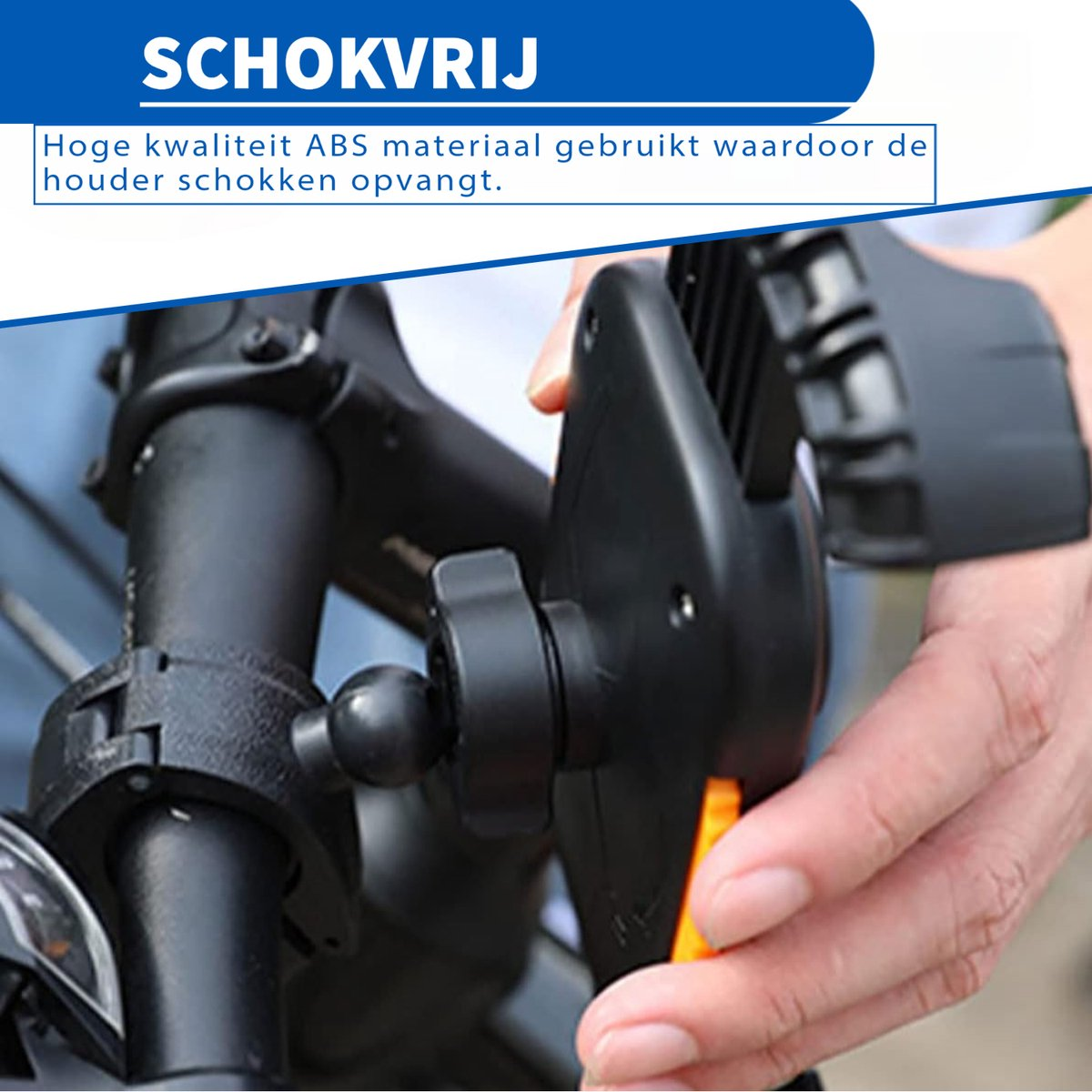 A person holding a black bike phone holder. The holder is attached to the handlebar. The background is blurred.