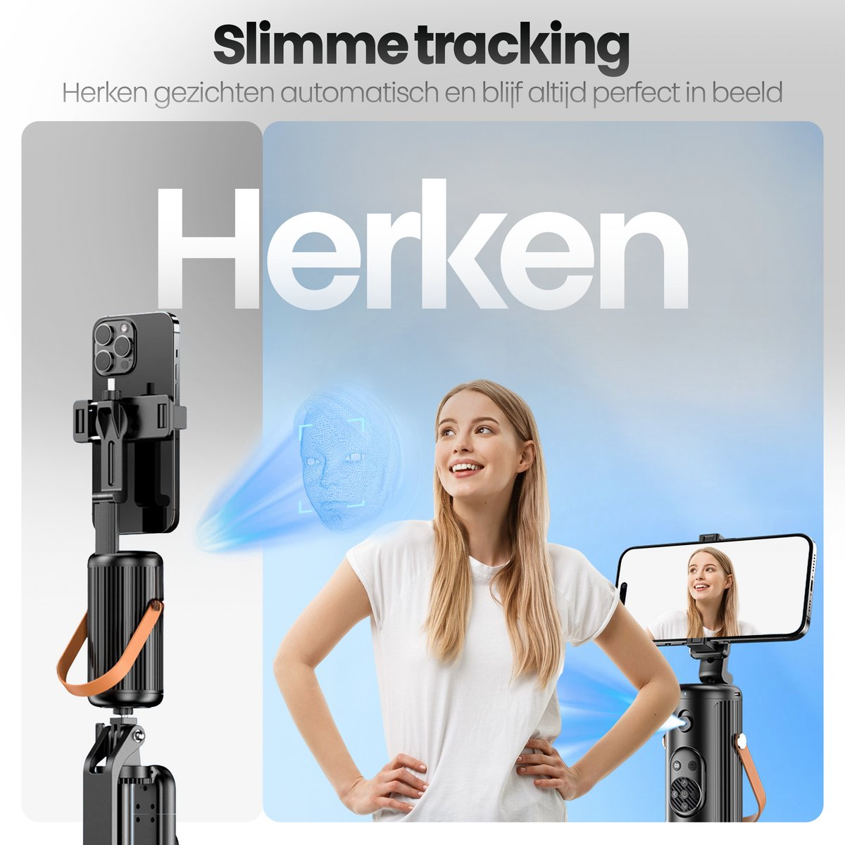 Een vrouw lacht, handen op heupen. Een telefoon op een standaard weerspiegelt haar uitdrukking. Tekst: 'Slimme tracking', 'Herken'. Gezichtsscan.