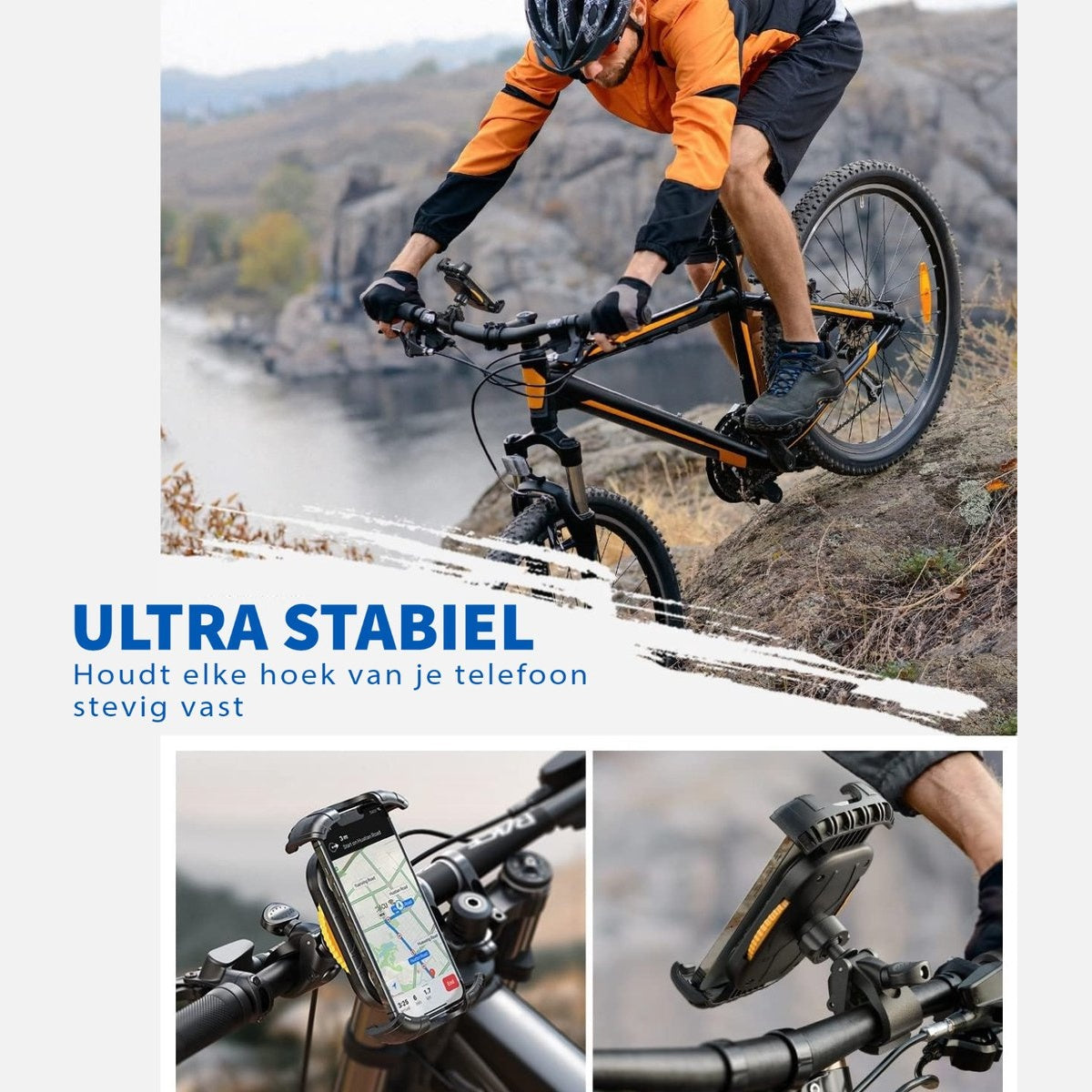 A cyclist rides a mountain bike over rocks. The text "ULTRA STABIEL" is displayed, with two phone holders shown below.