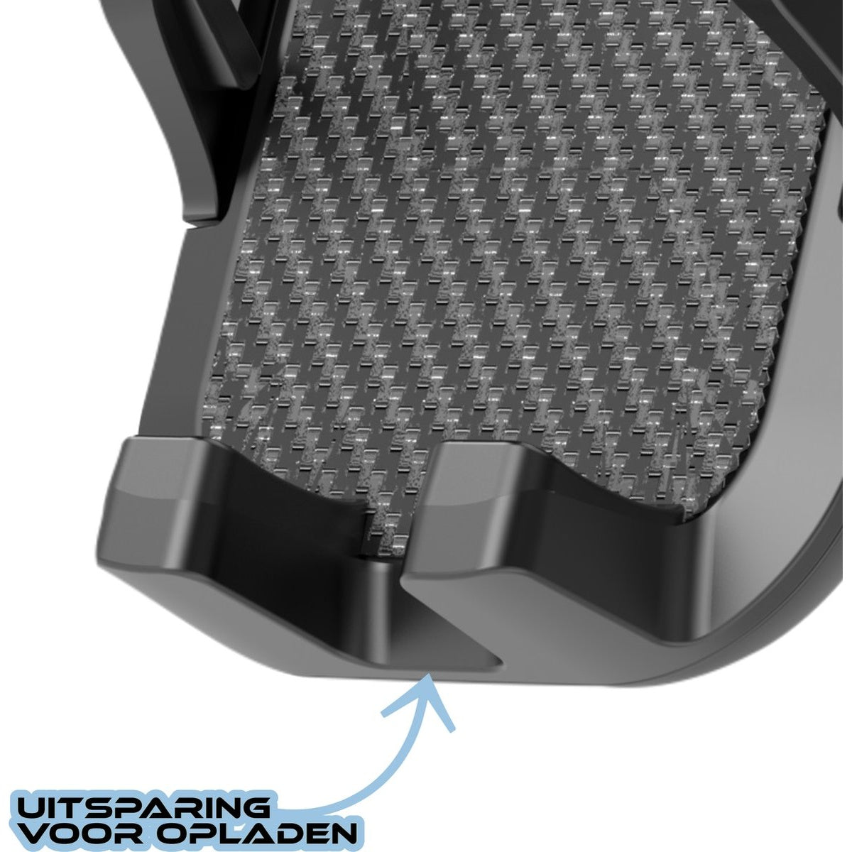 Close-up of a black phone holder with a textured surface. The words 'UITSPARING VOOR OPLADEN' are visible.