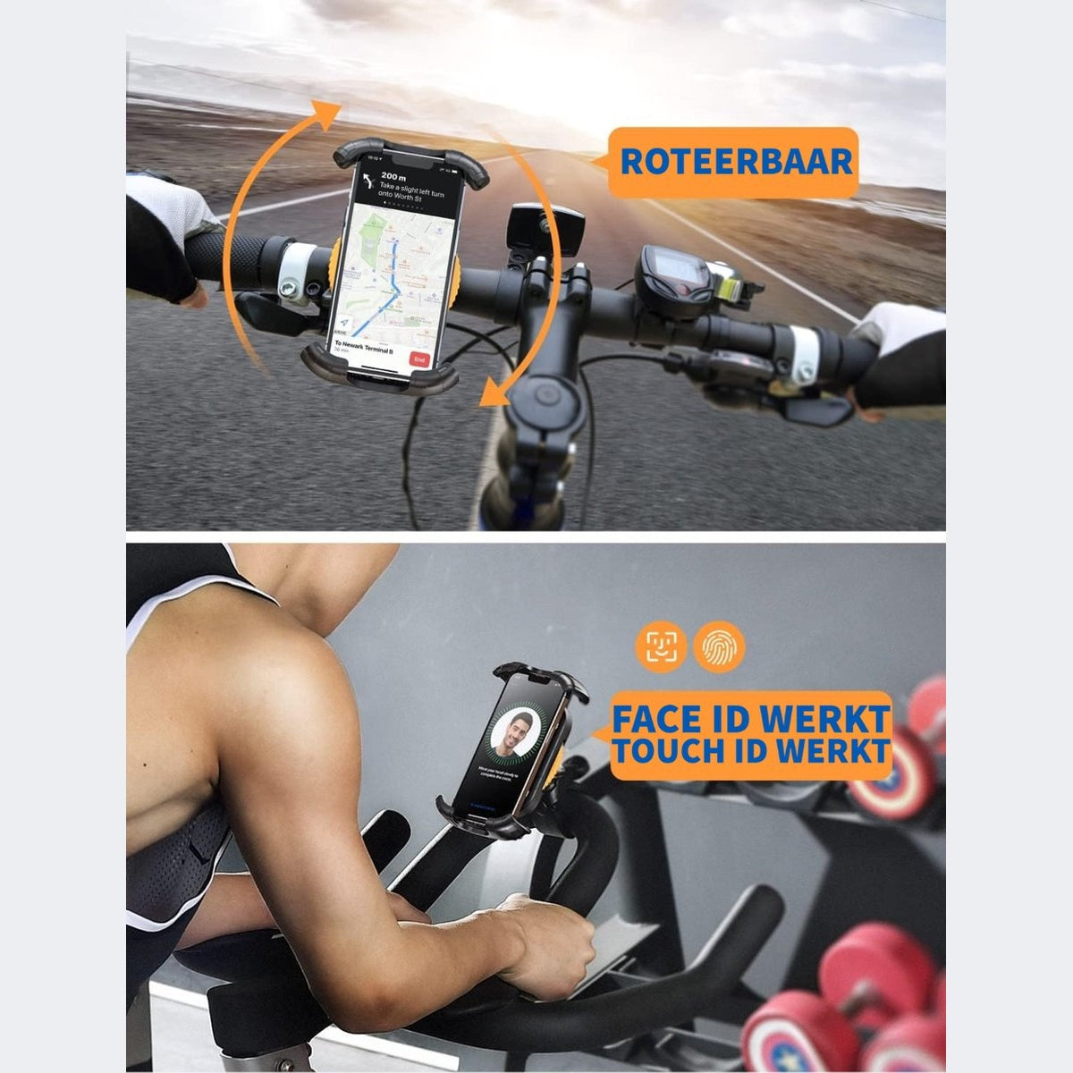 Images show phone mounts on bikes and exercise bikes. One shows navigation; the other, Face ID and Touch ID for security.