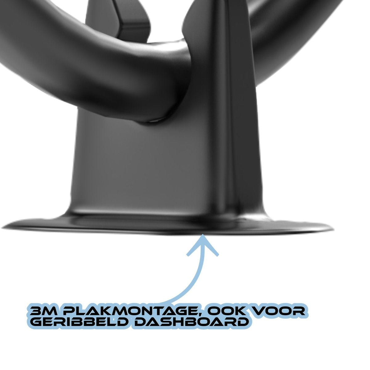 Close-up of a black dashboard mount. The text below says '3M PLAKMONTAGE, OOK VOOR GERIBBELDE DASHBOARD'.