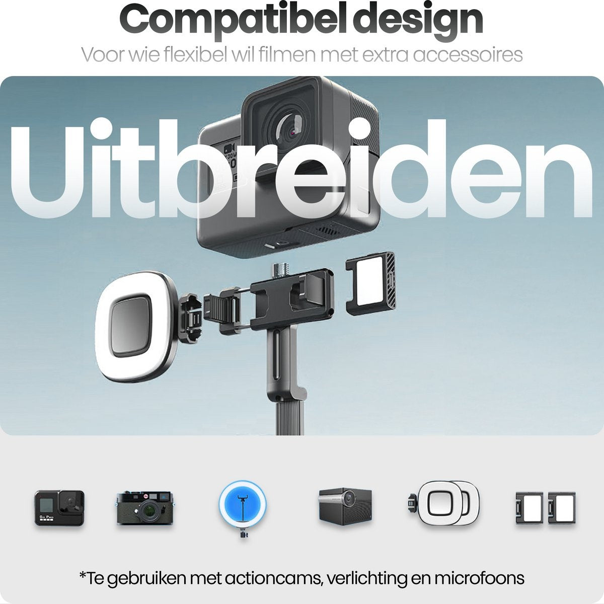 Afbeelding toont camera-opstelling met accessoires zoals een lamp en een statief. Tekst zegt 'Compatibel design' en 'Uitbreiden'.