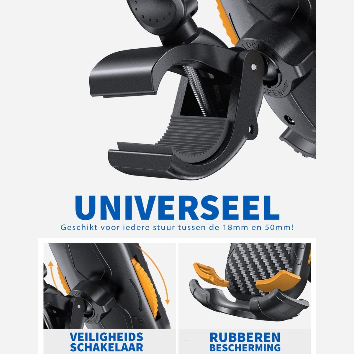 A black car phone holder with orange accents. Text reads 'UNIVERSEEL'. Images show safety switch and rubber protection.