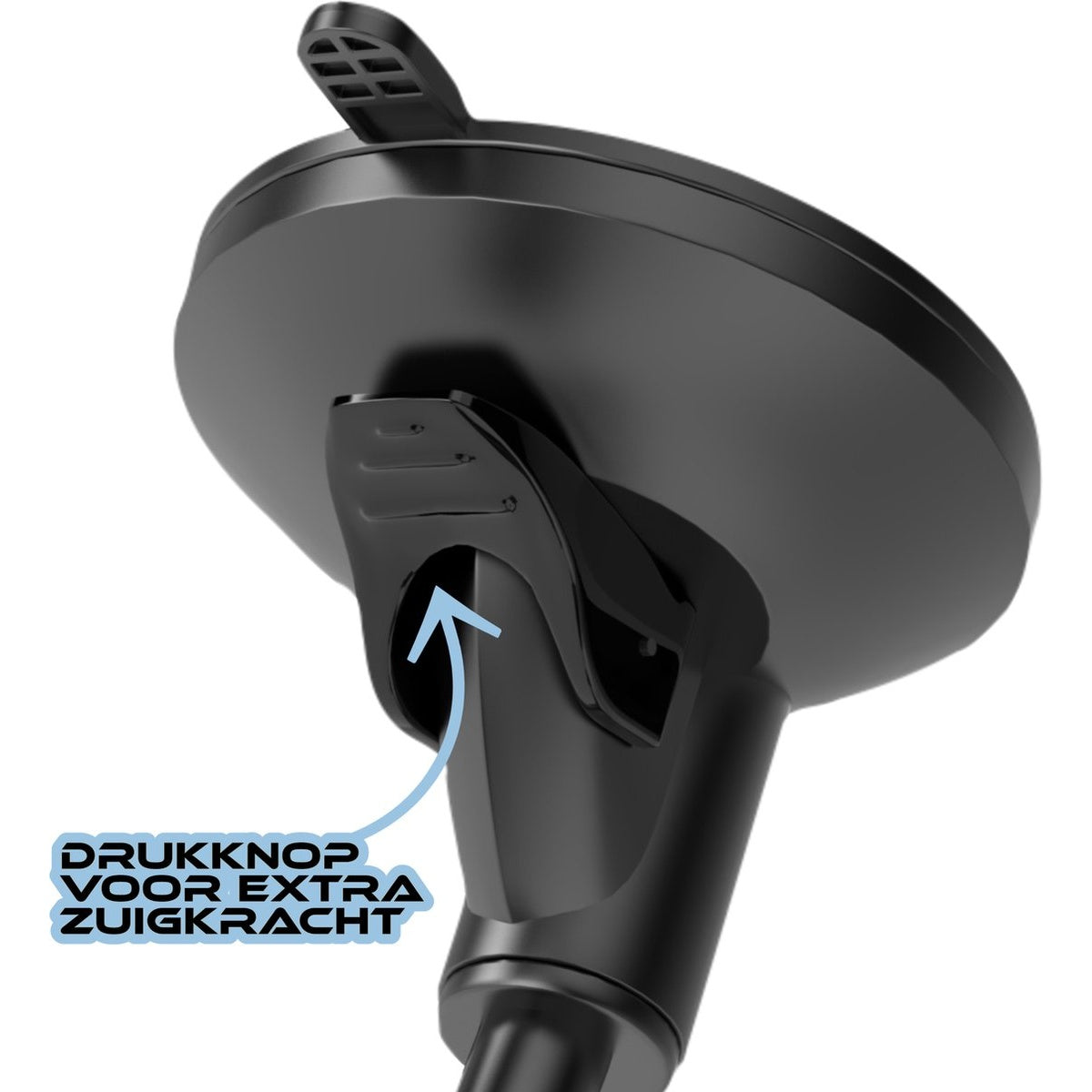 A close-up of a black car mount. The mount has a suction cup, a locking mechanism, and a text that says 'DRUKKNOP VOOR EXTRA ZUIGKRACHT'.