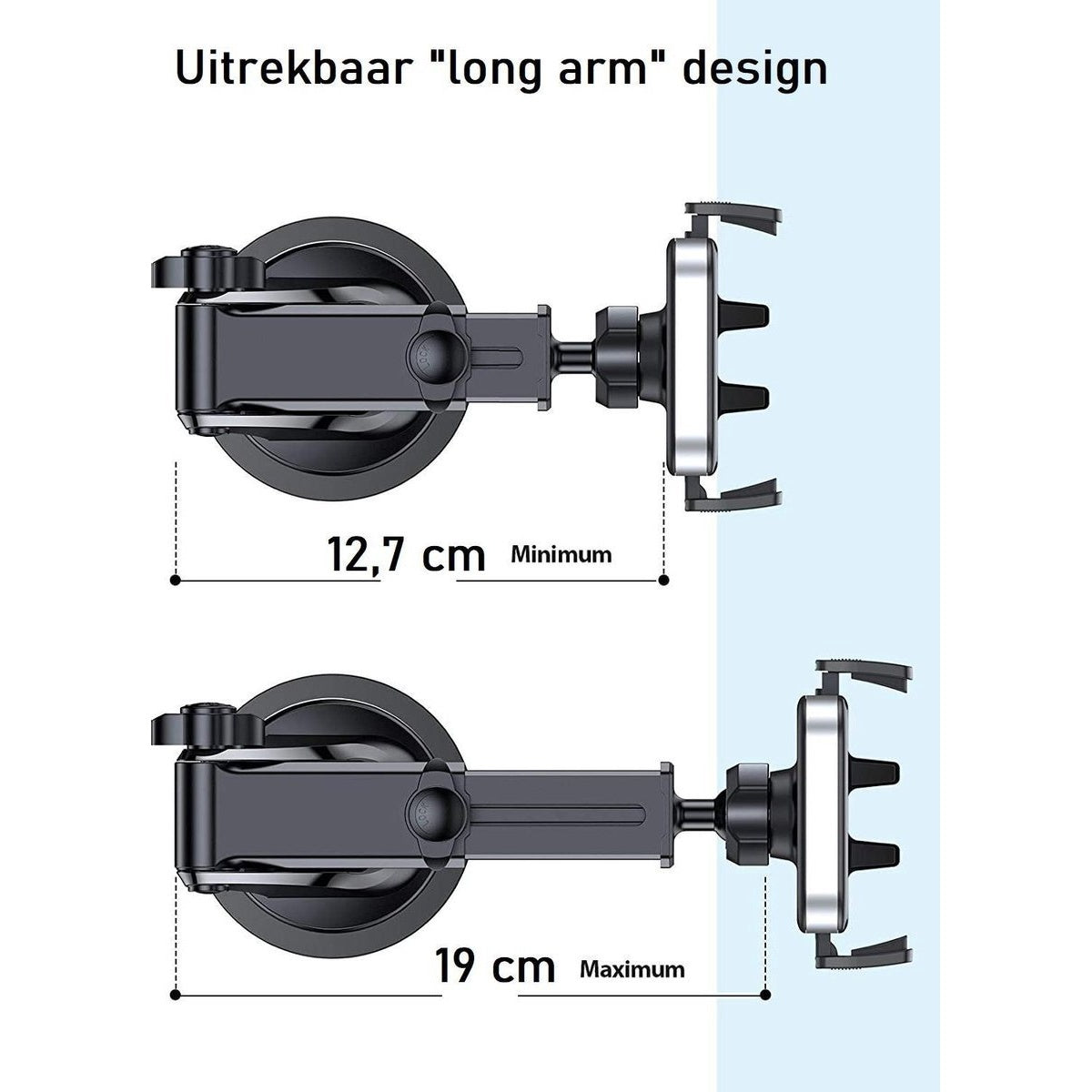 Zwarte autotelefoonhouder met lange arm. Toont minimaal 12,7 cm en maximaal 19 cm lengte.