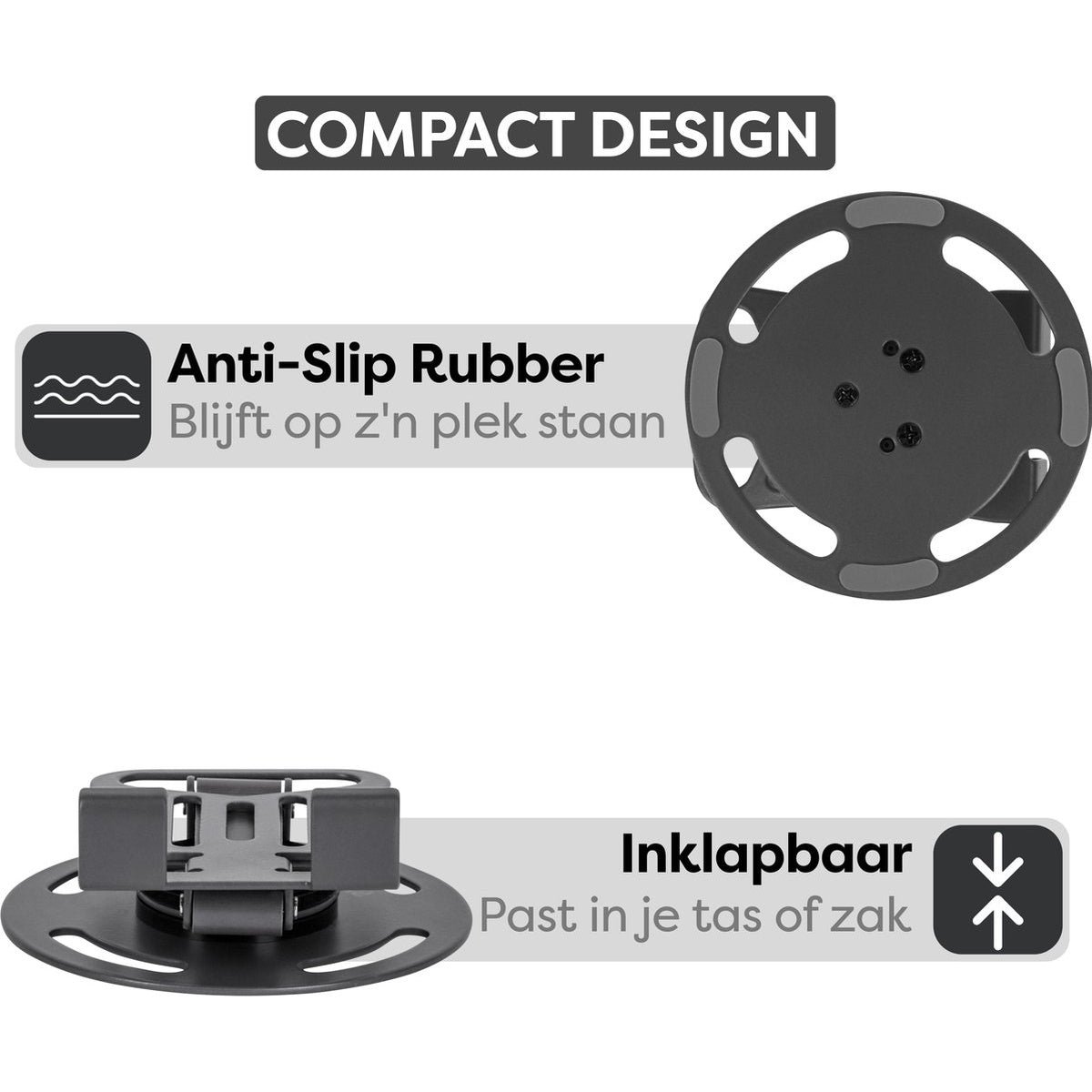 Afbeelding toont zwart apparaat met tekst: Compact ontwerp, anti-slip rubber en Inklapbaar. Vermeldt dat het in een tas past.