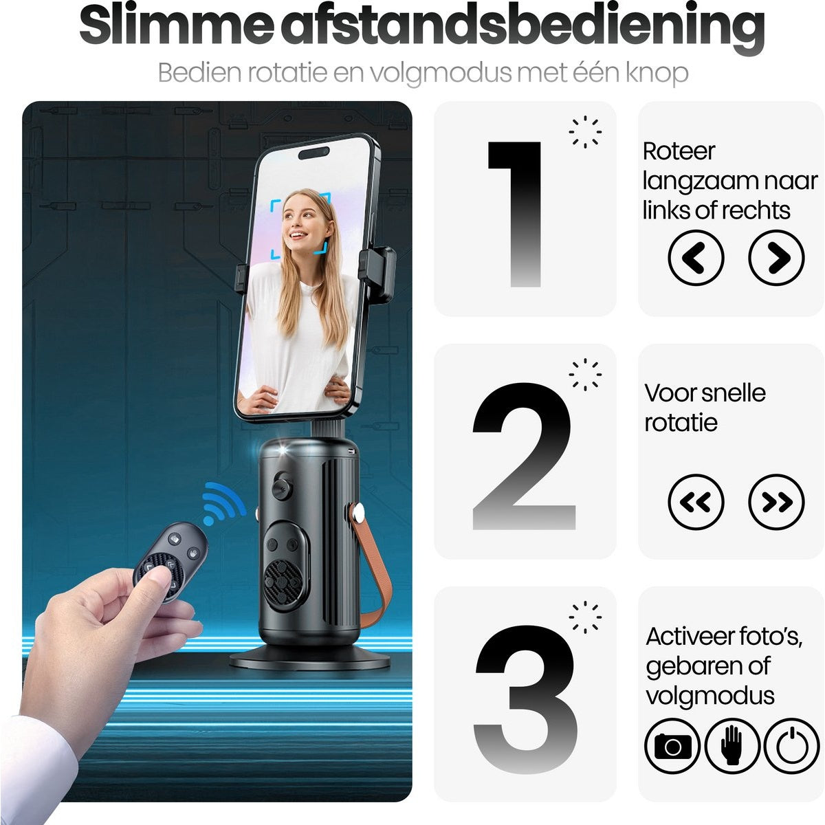 Een telefoon op een standaard met een vrouw op het scherm. Een afstandsbediening wordt in de hand gehouden. Instructies: links/rechts draaien, snelle rotatie, foto/gebaar activeren.