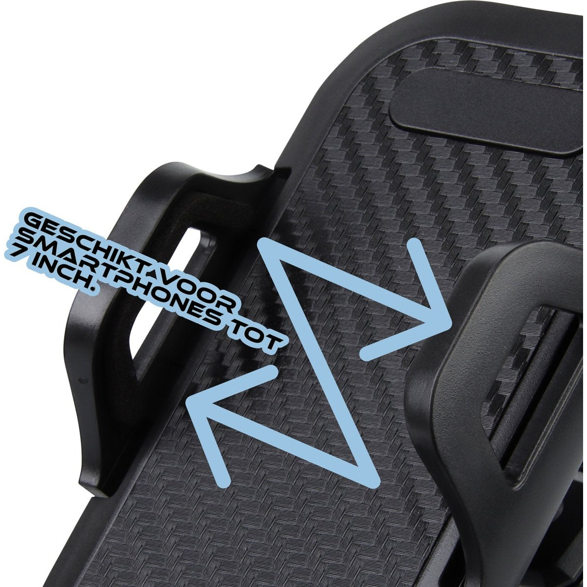 Close-up of a black phone holder with text 'Geschikt voor smartphones tot 7 inch' and blue arrows.