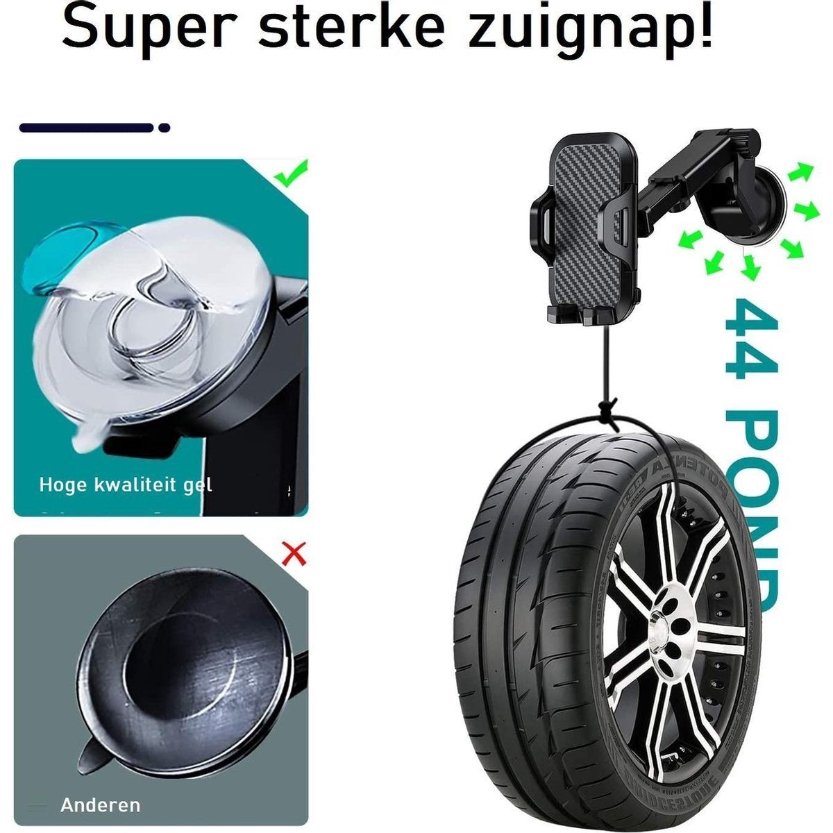 Afbeelding toont een telefoonhouder voor in de auto met een band eraan. Het benadrukt de zuigkracht met een gel.