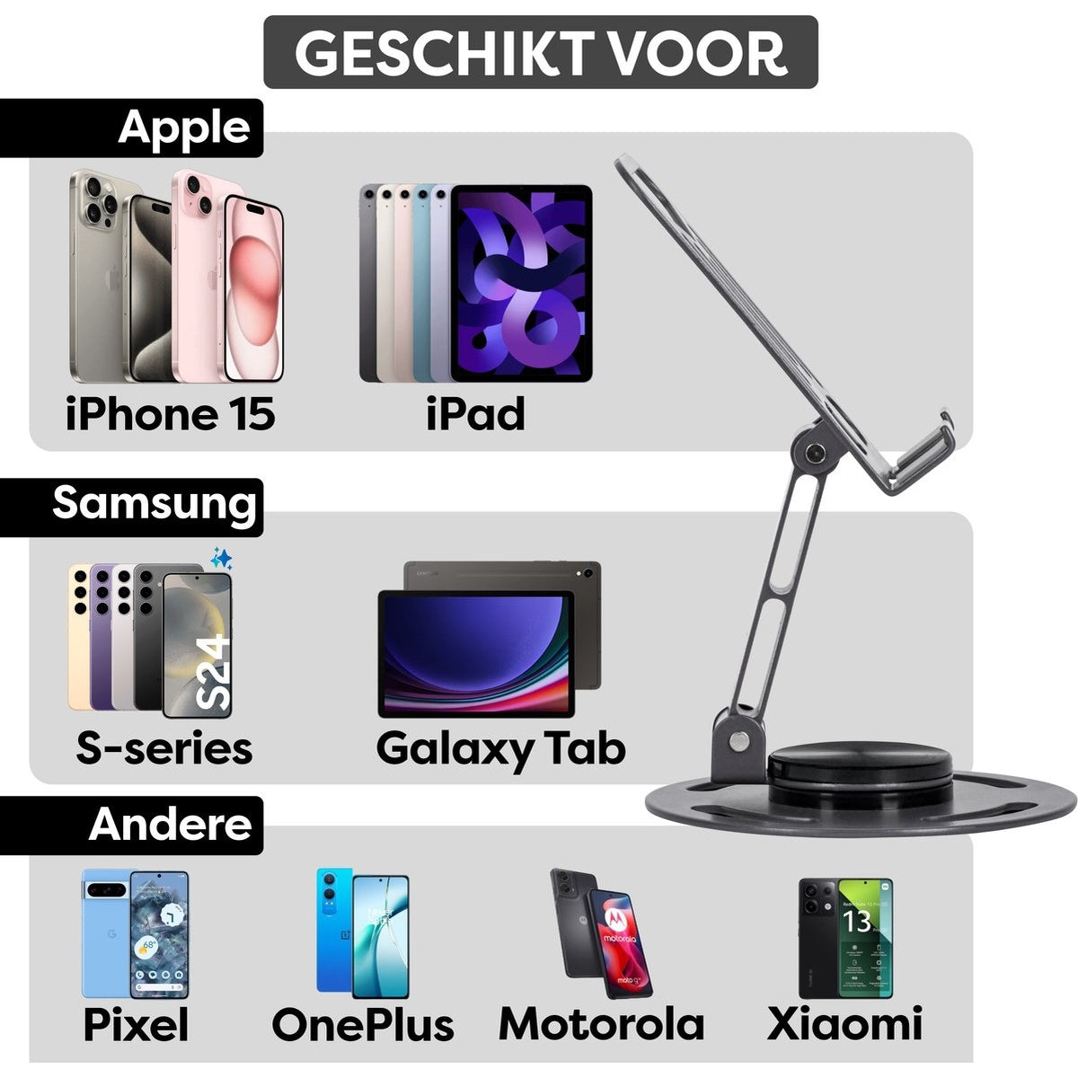 Afbeelding toont telefoons en tablets van Apple, Samsung en anderen met een telefoonstandaard. Tekst bevat labels zoals 'iPhone 15' en 'Galaxy Tab'.