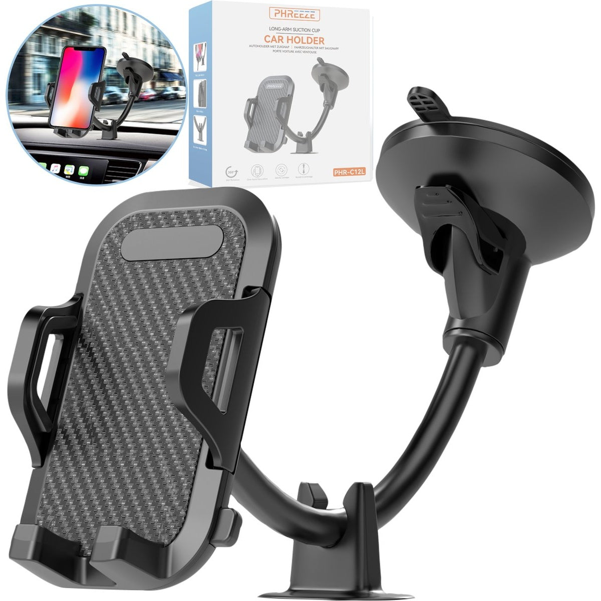 A black car phone holder with a suction cup, a box, and a phone with a display. The holder has a carbon fiber pattern.